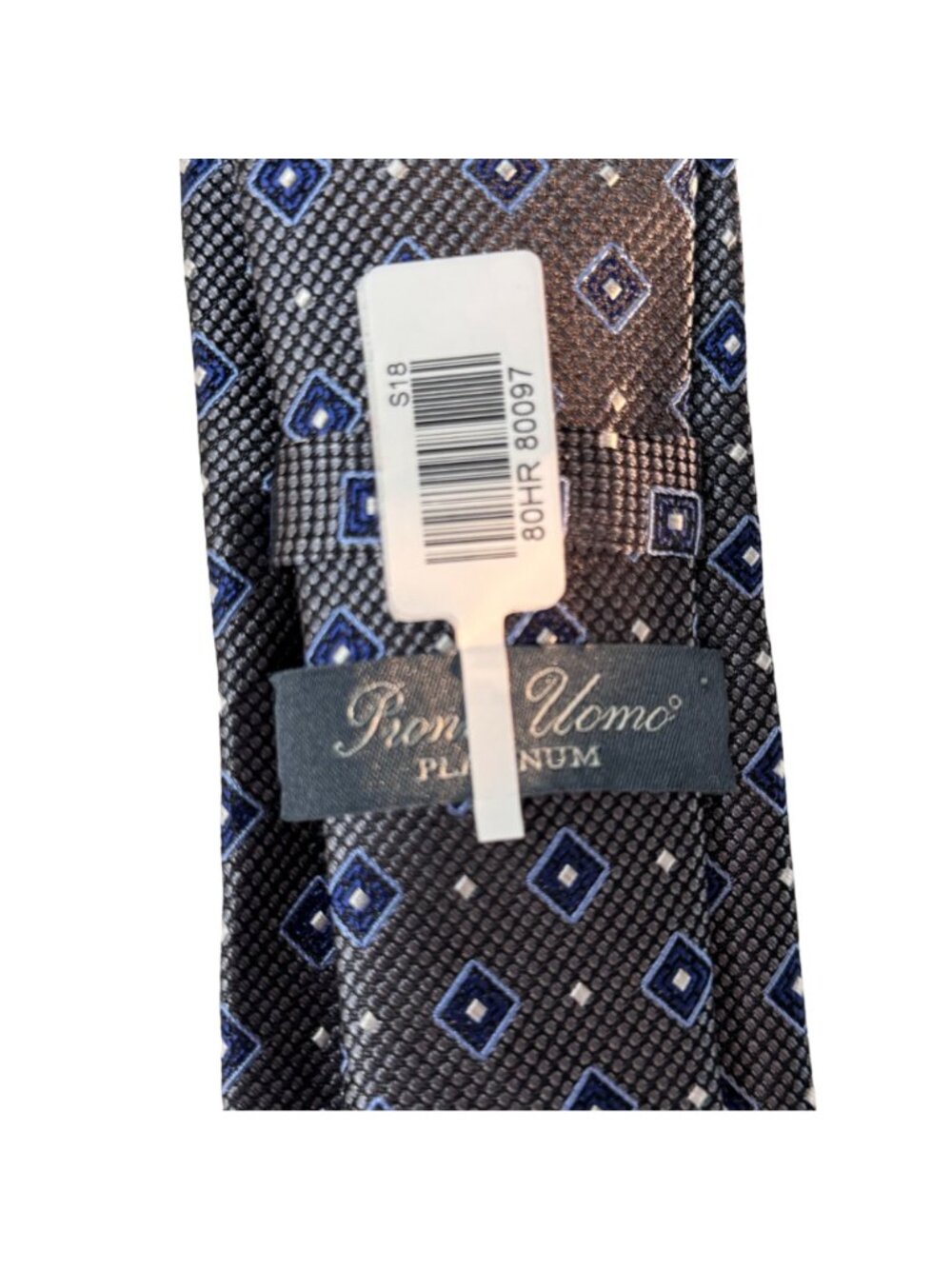 Mens Wearhouse Pronto Uomo Platinum Tie Gray & Blue Diamond Pattern Handmade 60" - Picture 3 of 10
